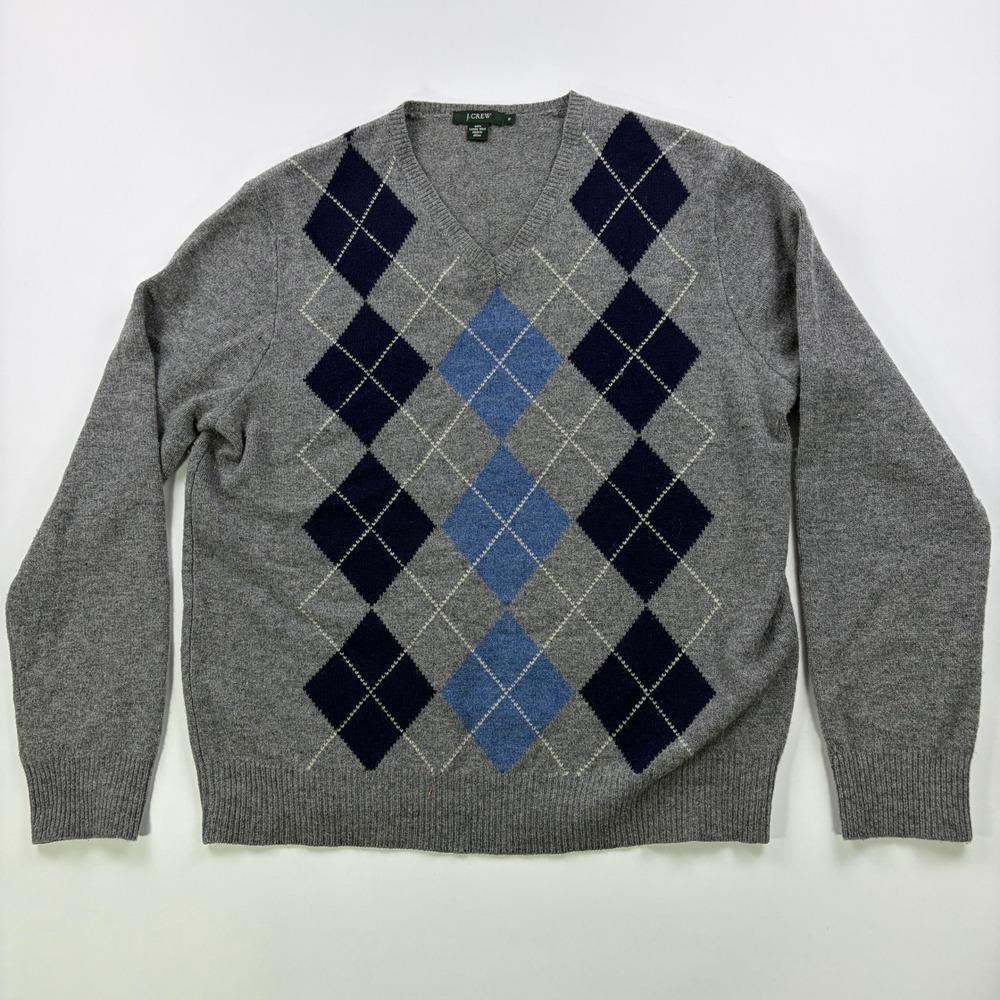 J.Crew Argyle V-Neck Sweater Mens Medium Grey Lambswool Preppy Classic - Picture 2 of 8